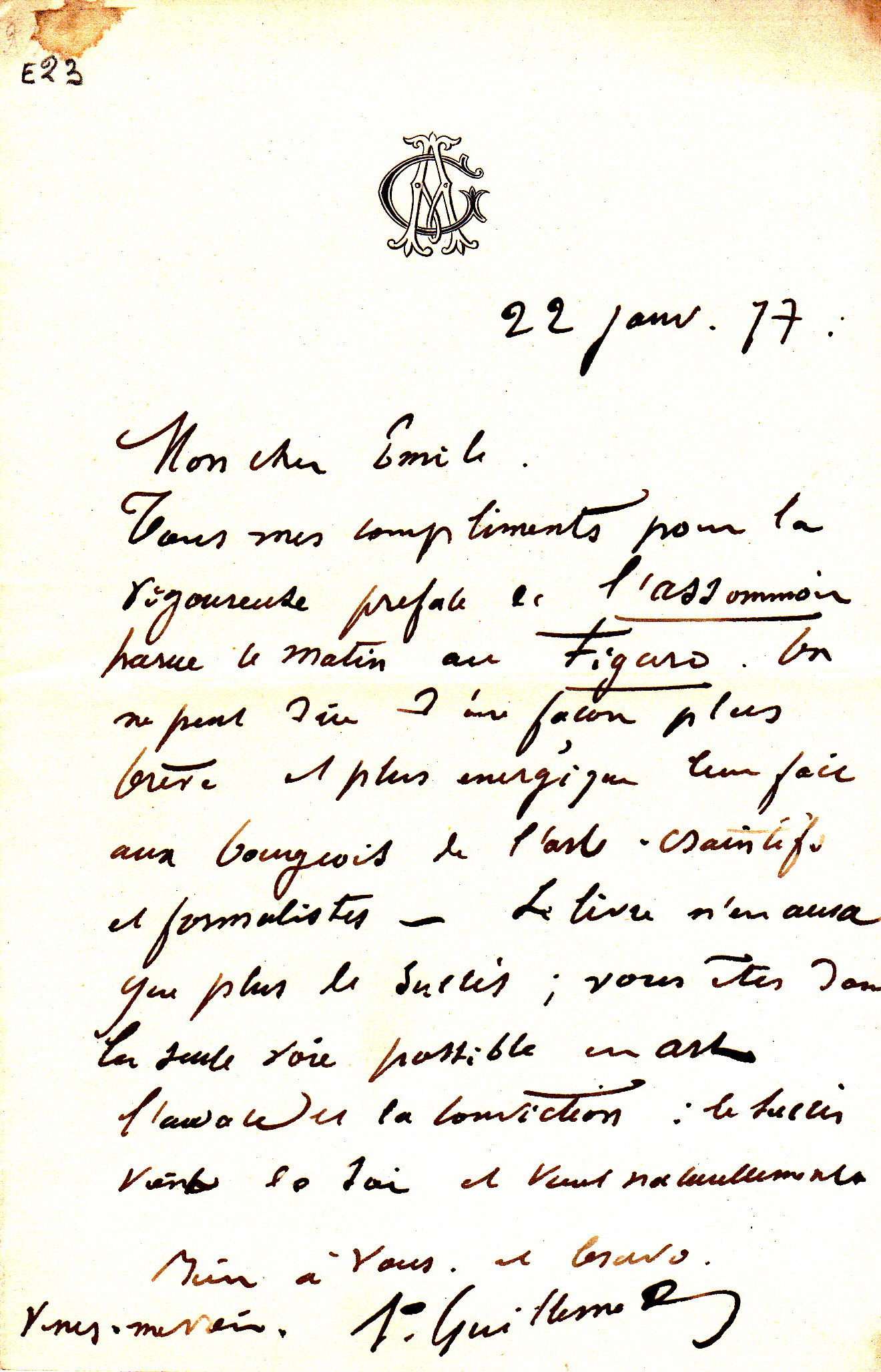 ENSEMBLE DE LA CORRESPONDANCE MANUSCRITE AUTOGRAPHE D'ANTOINE GUILLEMET A 	0;MILE ZOLA. - Imagen 5