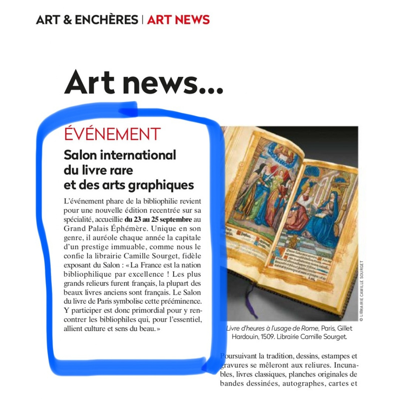 Article de la Gazette Drouot sur la participation de la Librairie Camille Sourget au Salon international du Livre Rare à Paris