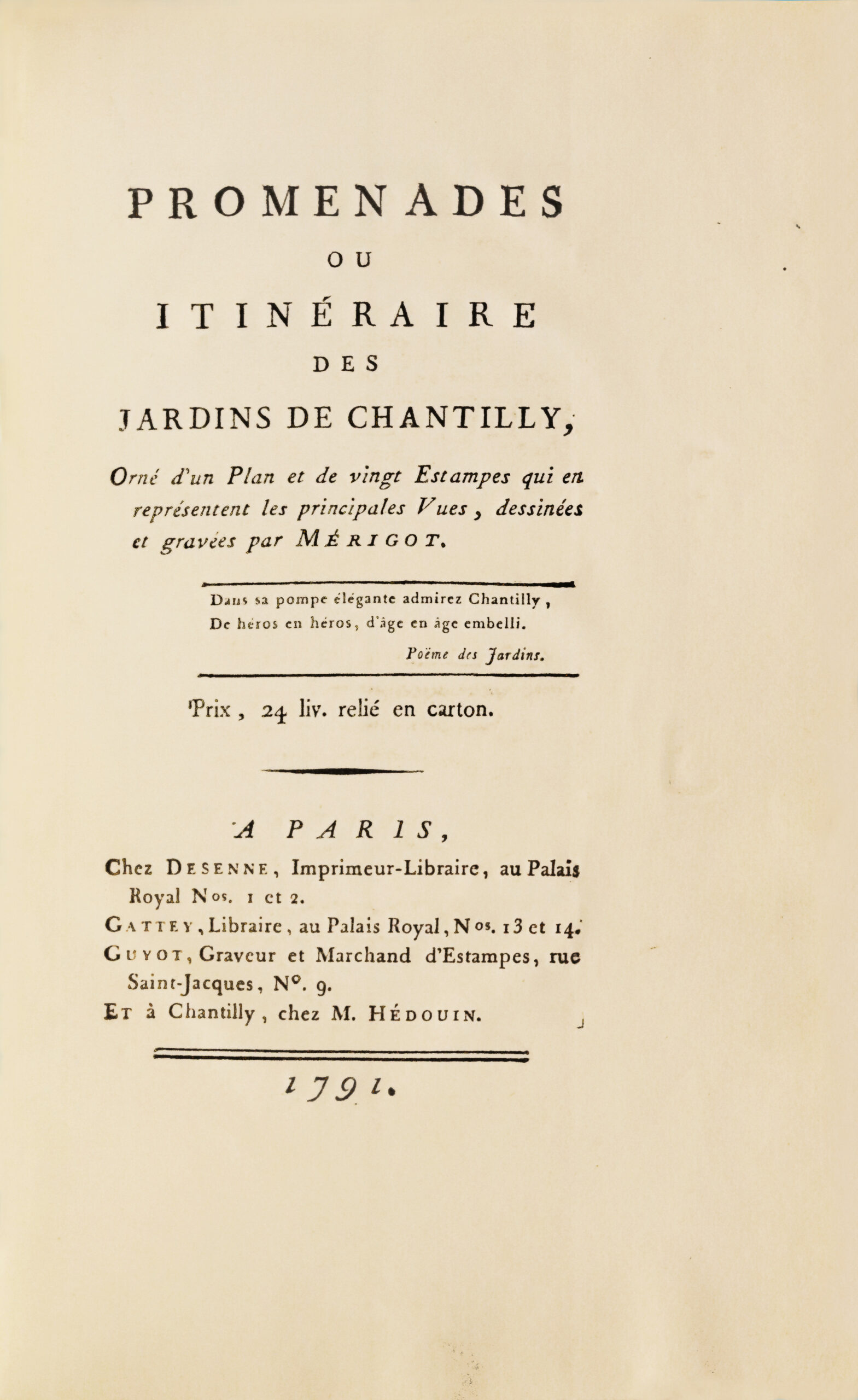 Promenades ou itinéraires des Jardins de Chantilly, Orné d’un Plan et de vingt Estampes qui en représentent les principales Vues, dessinées et gravées par Mérigot. – Image 4