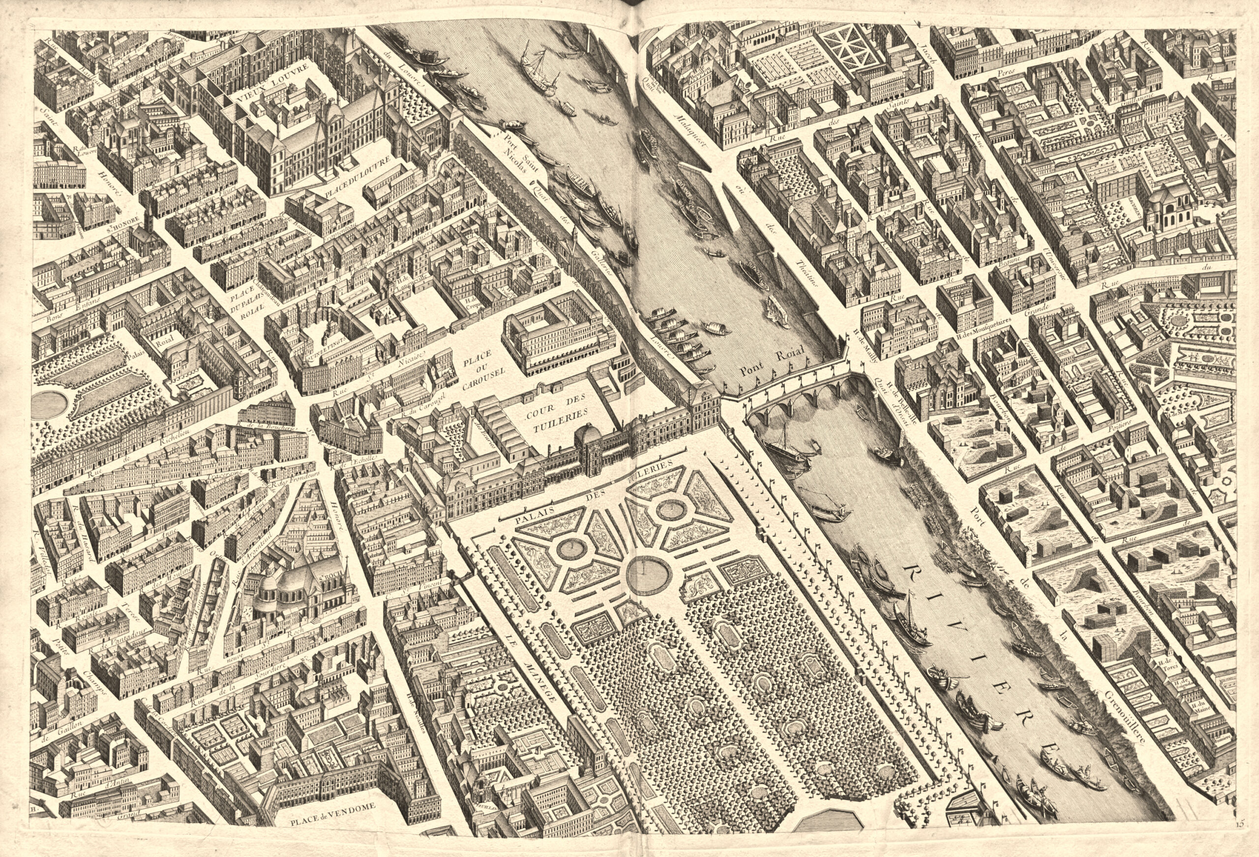 PLANO DE PARÍS, comenzado en el año 1734, dibujado y grabado por orden de Señor Michel-Etienne Turgot, Marqués de Sousmons, Señor de St-Germain-sur-Eaulne... terminado de grabar en 1739. Levantado y dibujado por Louis Bretz, grabado por Claude y escrito por Aubin. - Imagen 2