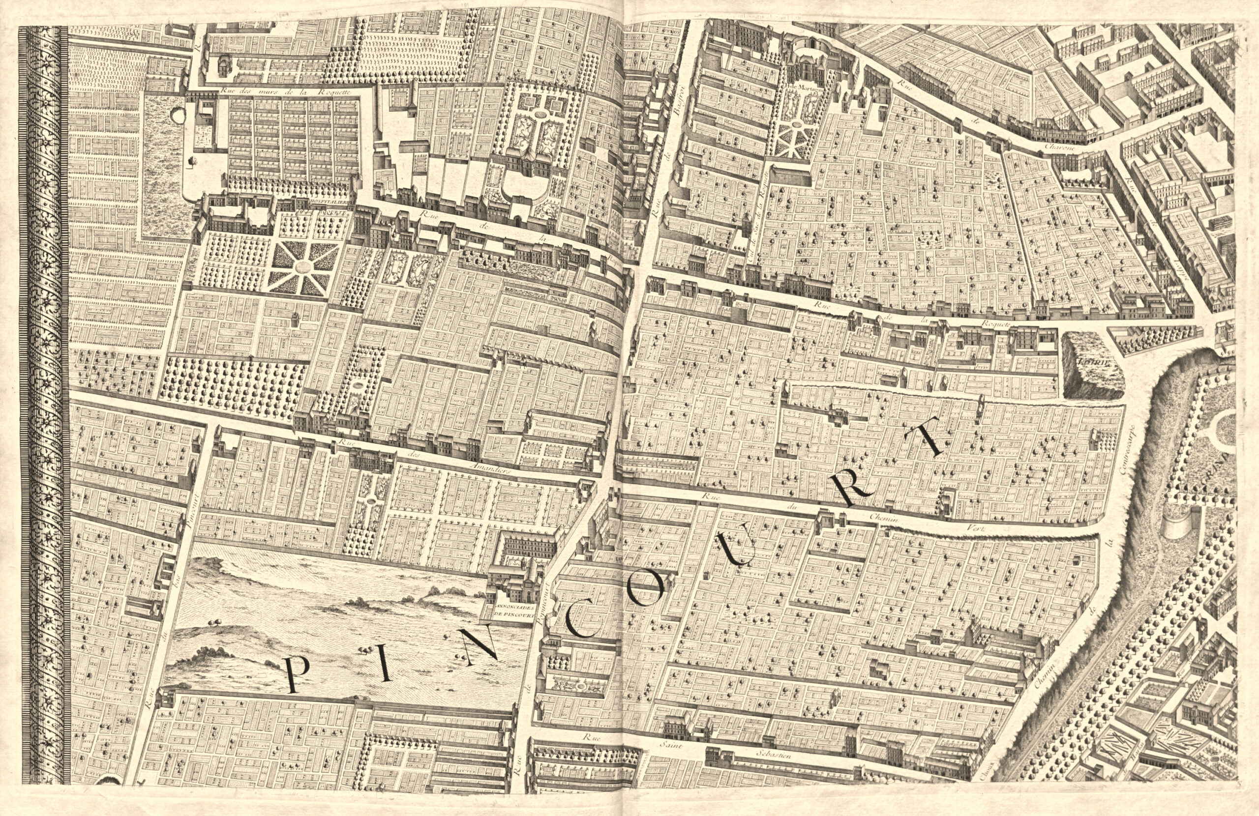 PLANO DE PARÍS, comenzado en el año 1734, dibujado y grabado por orden de Señor Michel-Etienne Turgot, Marqués de Sousmons, Señor de St-Germain-sur-Eaulne... terminado de grabar en 1739. Levantado y dibujado por Louis Bretz, grabado por Claude y escrito por Aubin. - Imagen 5